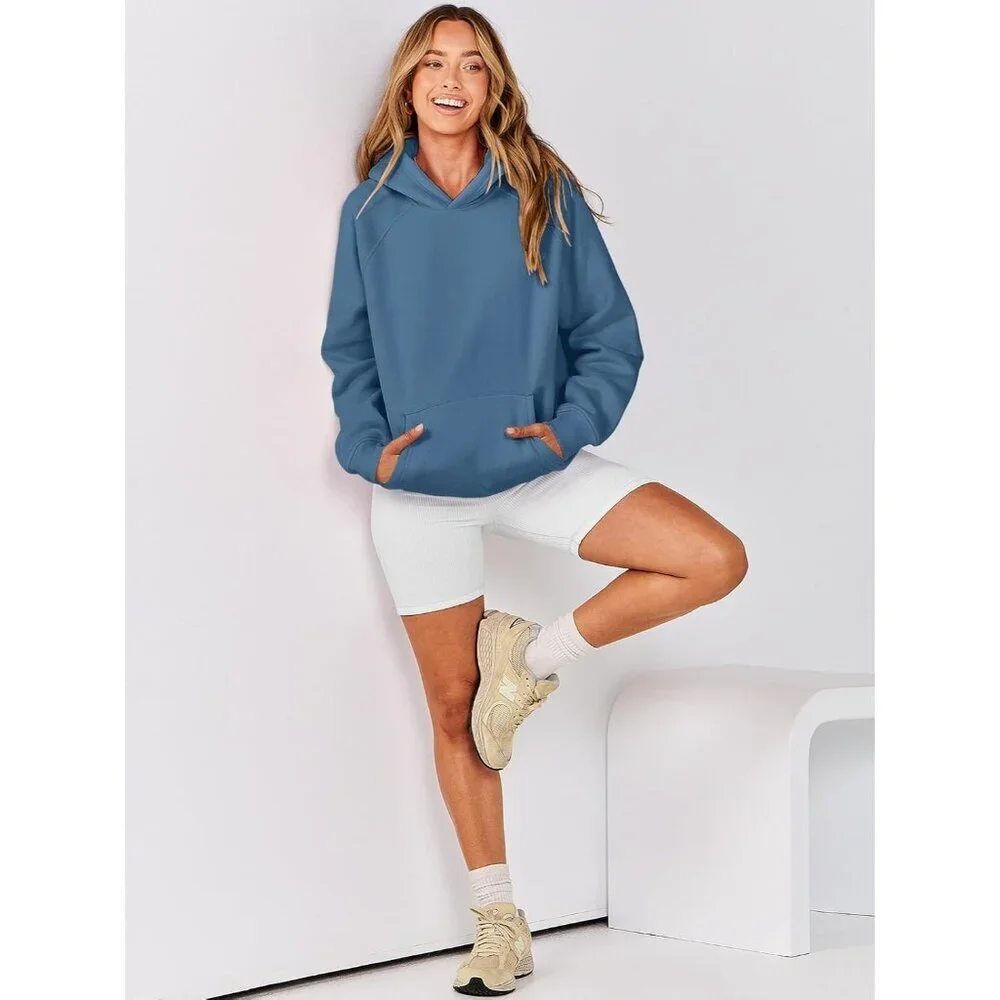Women Deep Blue Hoodies Oversized Fleece Long Sleeve Comfy Casual Sweatshirts - Picture 9 of 9